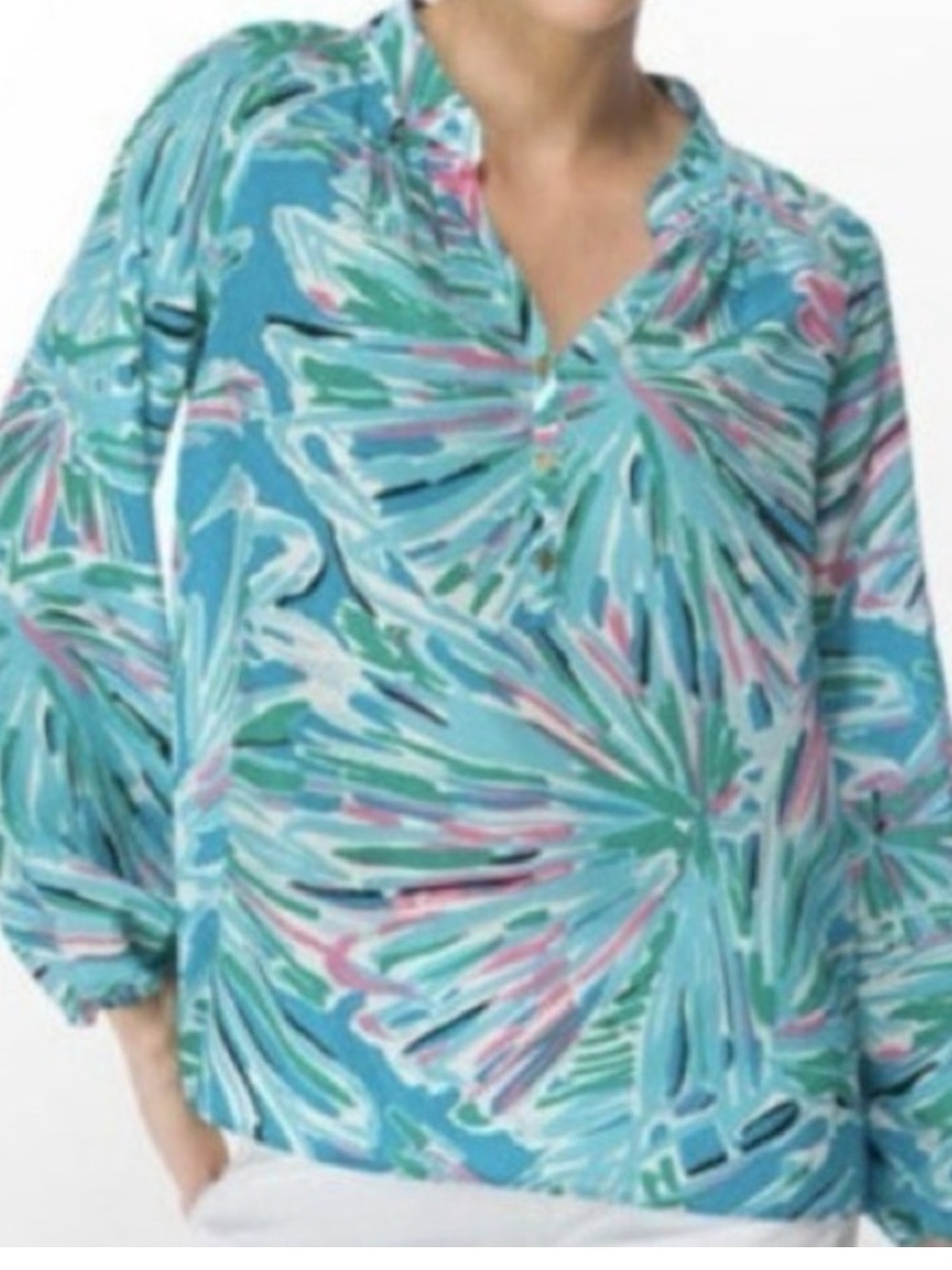 NWT Lilly Pulitzer Elsa silk blouse in a blue and green "Greens With Envy"